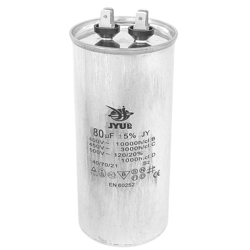 Конденсатор CBB-65 80 мкФ mF 450 VAC (±5%) JYUL (60х130 mm) алюмінієвий корпус ( 1010838 )