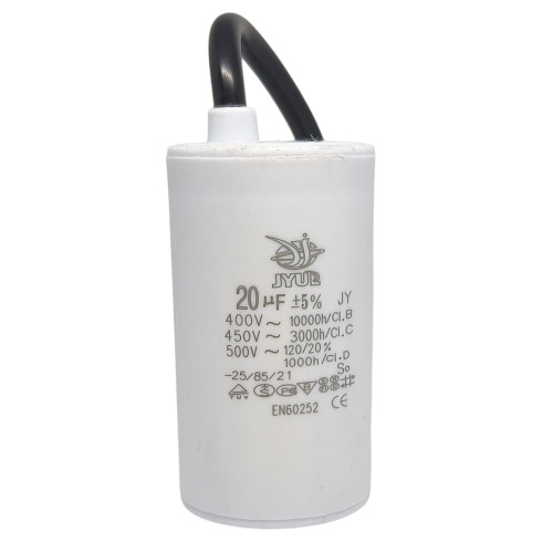 Конденсатор CBB-60 20 мкФ mF 450 VAC (±5%) JYUL (40х70 mm) Big кабель ( 1017792 )