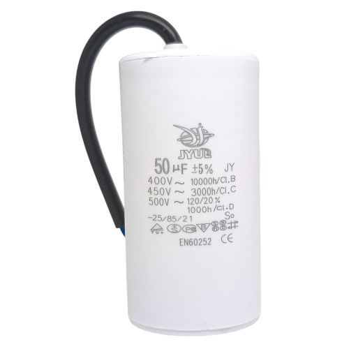 Конденсатор CBB-60 50 мкФ mF 450 VAC (±5%) JYUL (50х92 mm) кабель ( 1017797 )