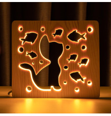 Світильник нічник ArtEco Light з дерева LED "Кіт та рибки" з пультом та регулюванням світла, колір теплий білий