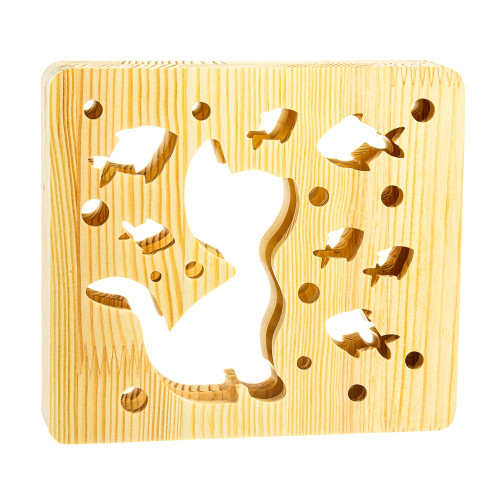 Светильник ночник ArtEco Light из дерева LED "Кот и рыбки" с пультом и регулировкой цвета, RGB ( 1020351 )