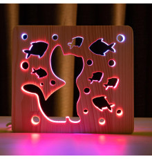Світильник нічник ArtEco Light з дерева LED "Кіт та рибки" з пультом та регулюванням кольору, подвійний RGB