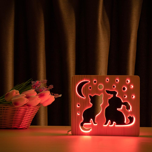 Светильник ночник ArtEco Light из дерева LED "Кот и собачка" с пультом и регулировкой цвета, RGB ( 1020355 )