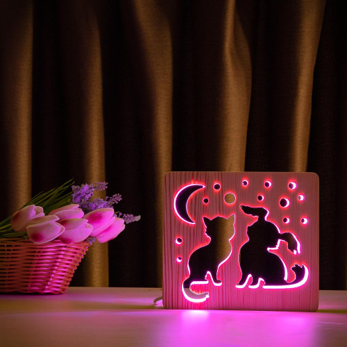 Светильник ночник ArtEco Light из дерева LED "Кот и собачка" с пультом и регулировкой цвета, RGB ( 1020355 )