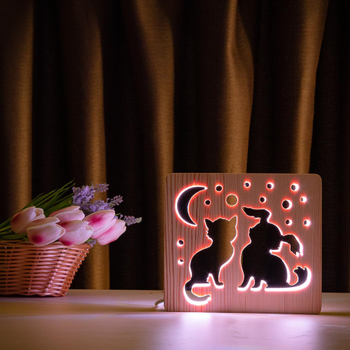 Светильник ночник ArtEco Light из дерева LED "Кот и собачка" с пультом и регулировкой цвета, RGB ( 1020355 )