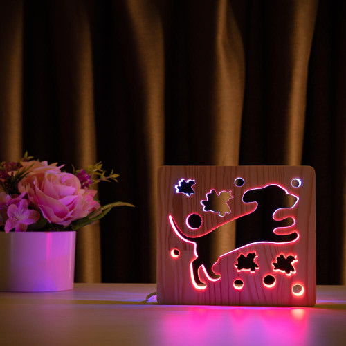 Светильник ночник ArtEco Light из дерева LED "Собака и птички" с пультом и регулировкой цвета, двойной RGB ( 1020376 )