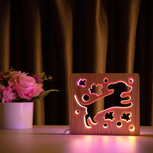 Светильник ночник ArtEco Light из дерева LED "Собака и птички" с пультом и регулировкой цвета, двойной RGB ( 1020376 )