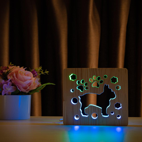 Светильник ночник ArtEco Light из дерева LED "Собака бульдожка" с пультом и регулировкой цвета, двойной RGB ( 1020384 )