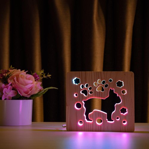 Светильник ночник ArtEco Light из дерева LED "Собака бульдожка" с пультом и регулировкой цвета, двойной RGB ( 1020384 )