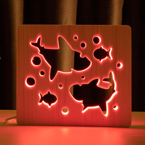 Светильник ночник ArtEco Light из дерева LED "Две акулы и рыбки" с пультом и регулировкой цвета, RGB ( 1020431 )
