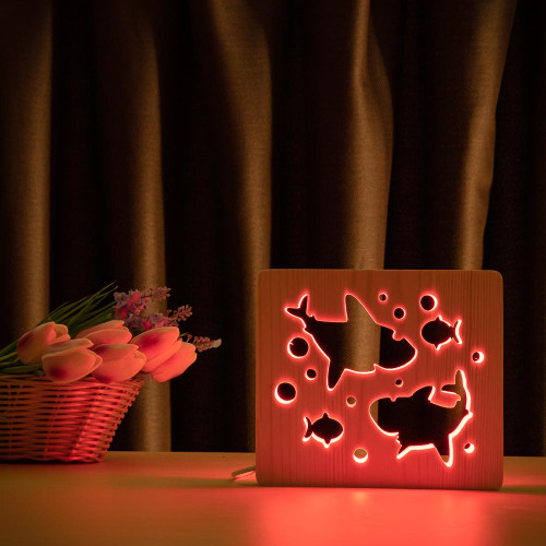 Светильник ночник ArtEco Light из дерева LED "Две акулы и рыбки" с пультом и регулировкой цвета, RGB ( 1020431 )