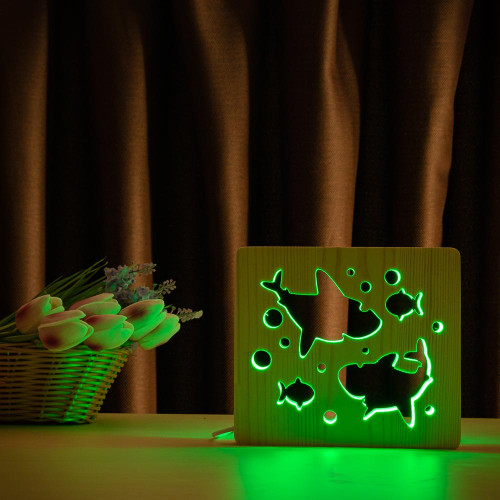 Светильник ночник ArtEco Light из дерева LED "Две акулы и рыбки" с пультом и регулировкой цвета, RGB ( 1020431 )