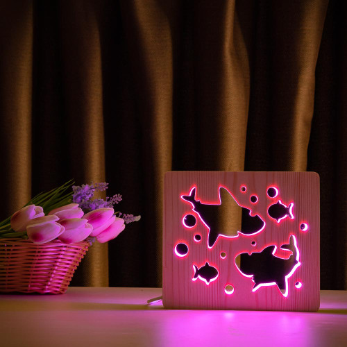 Светильник ночник ArtEco Light из дерева LED "Две акулы и рыбки" с пультом и регулировкой цвета, RGB ( 1020431 )
