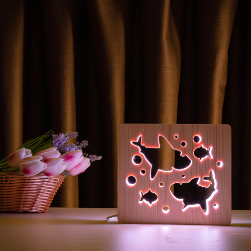 Светильник ночник ArtEco Light из дерева LED "Две акулы и рыбки" с пультом и регулировкой цвета, RGB ( 1020431 )