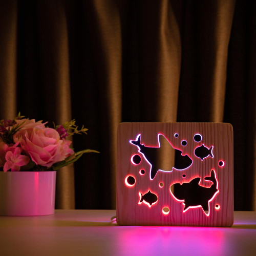 Світильник нічник ArtEco Light з дерева LED "Дві акули і рибки" з пультом та регулюванням кольору, подвійний RGB ( 1020432 )