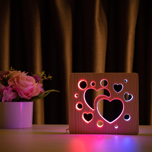Светильник ночник ArtEco Light из дерева LED "Сердечки" с пультом и регулировкой цвета, двойной RGB ( 1020456 )