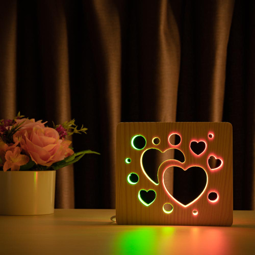 Светильник ночник ArtEco Light из дерева LED "Сердечки" с пультом и регулировкой цвета, двойной RGB ( 1020456 )