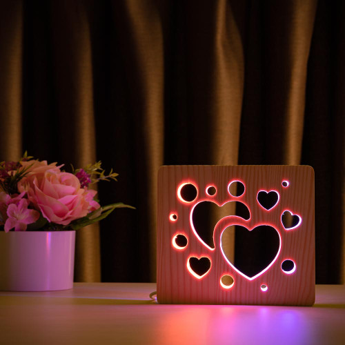 Светильник ночник ArtEco Light из дерева LED "Сердечки" с пультом и регулировкой цвета, двойной RGB ( 1020456 )