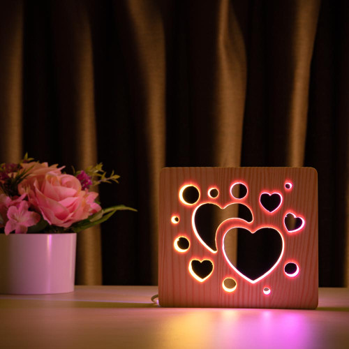 Светильник ночник ArtEco Light из дерева LED "Сердечки" с пультом и регулировкой цвета, двойной RGB ( 1020456 )