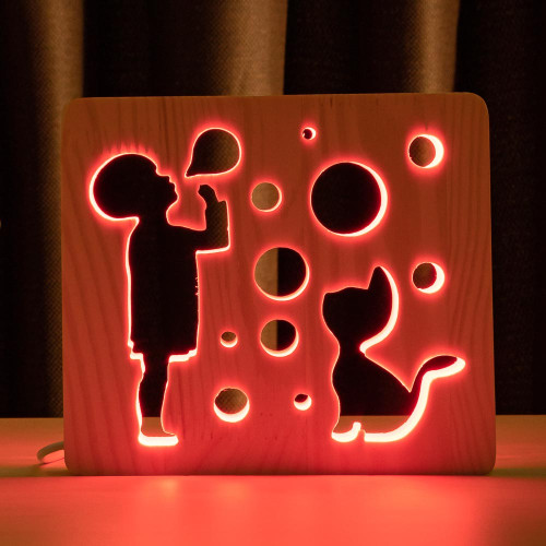 Светильник ночник ArtEco Light из дерева LED "Мальчик и пузыри" с пультом и регулировкой цвета, RGB ( 1020471 )