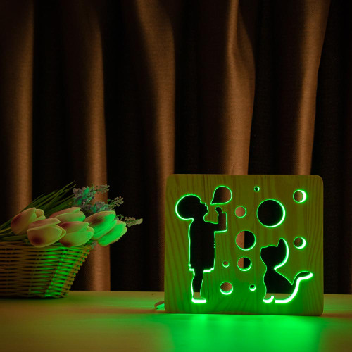 Светильник ночник ArtEco Light из дерева LED "Мальчик и пузыри" с пультом и регулировкой цвета, RGB ( 1020471 )