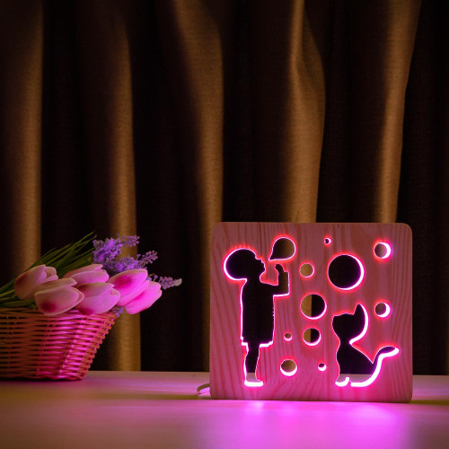 Светильник ночник ArtEco Light из дерева LED "Мальчик и пузыри" с пультом и регулировкой цвета, RGB ( 1020471 )