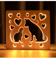 Світильник нічник ArtEco Light з дерева LED "Кіт та собака" з пультом та регулюванням світла, колір теплий білий