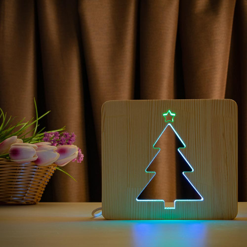 Светильник ночник ArtEco Light из дерева LED "Ёлочка" с пультом и регулировкой цвета, двойной RGB ( 1021467 )