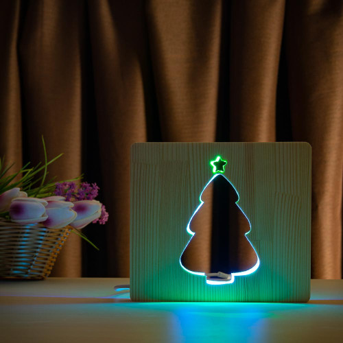 Светильник ночник ArtEco Light из дерева LED "Ёлочка под снегом" с пультом и регулировкой цвета, двойной RGB ( 1021470 )
