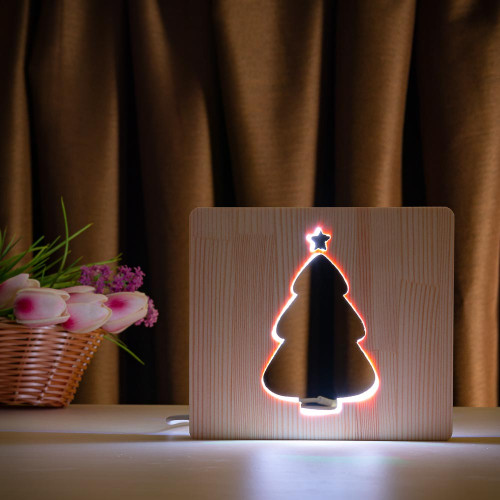 Светильник ночник ArtEco Light из дерева LED "Ёлочка под снегом" с пультом и регулировкой цвета, двойной RGB ( 1021470 )