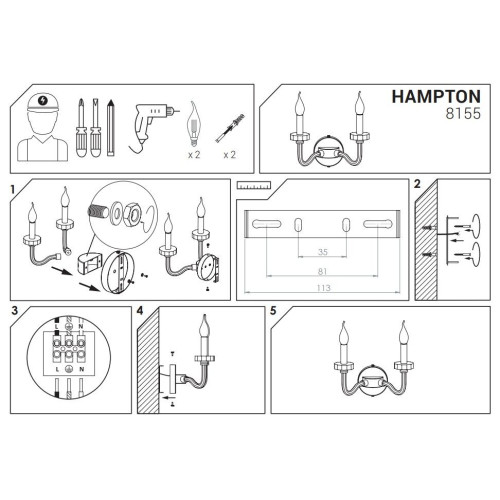 Бра Nowodvorski 8155 Hampton Е14 2x40W IP20 Chrom ( 4010939 )