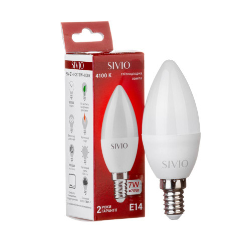 LED лампа Е14 С37 7W нейтральная белая 4100К SIVIO ( 1012794 )