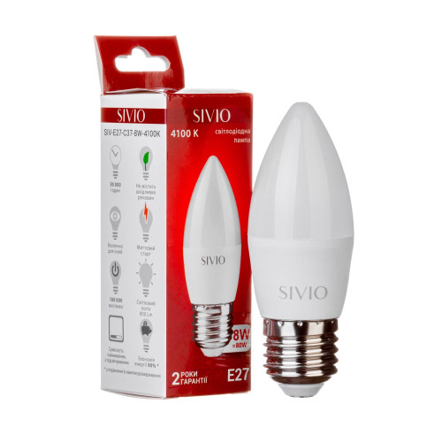 LED лампа Е27 C37 8W нейтральная белая 4100К SIVIO ( 1018554 )